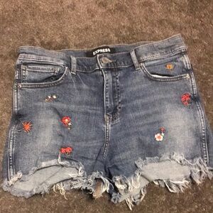 Express Distressed Blue Jean Shorts with Floral Embroidery